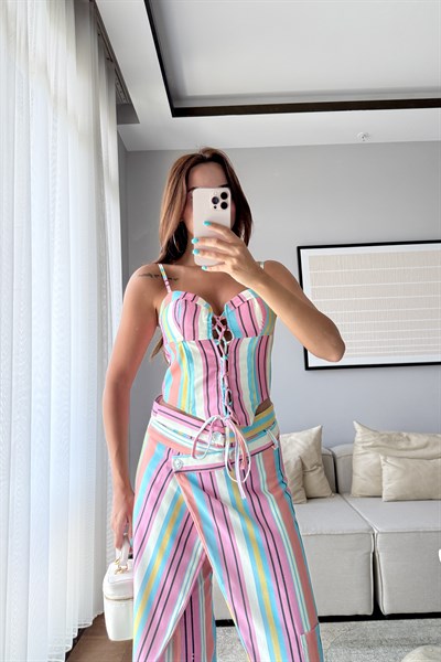 ÇİZGİLİ KETEN KORSE PANTOLON TAKIM