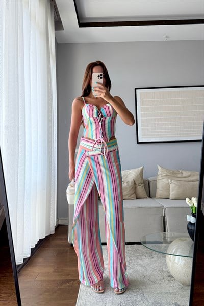 ÇİZGİLİ KETEN KORSE PANTOLON TAKIM
