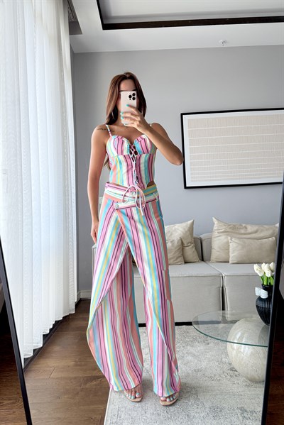 ÇİZGİLİ KETEN KORSE PANTOLON TAKIM