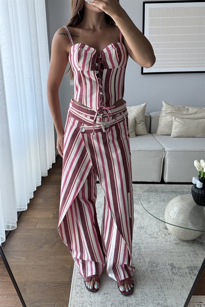 ÇİZGİLİ KETEN KORSE PANTOLON TAKIM-PEMBE