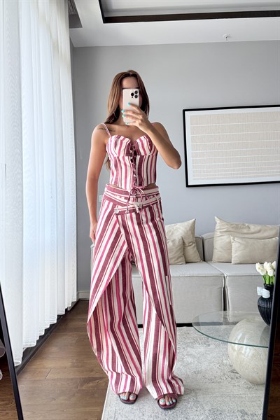 ÇİZGİLİ KETEN KORSE PANTOLON TAKIM-PEMBE