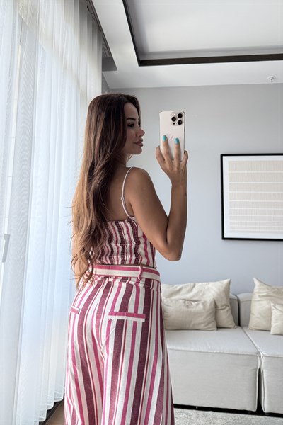 ÇİZGİLİ KETEN KORSE PANTOLON TAKIM-PEMBE