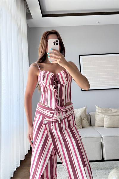 ÇİZGİLİ KETEN KORSE PANTOLON TAKIM-PEMBE
