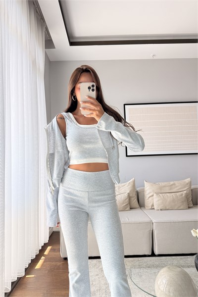 CROP ATLETLİ İSPANYOL PAÇA PANTOLON 3LÜ TAKIM-GRİ