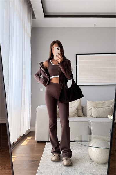 CROP ATLETLİ İSPANYOL PAÇA PANTOLON 3LÜ TAKIM-KAHVERENGİ