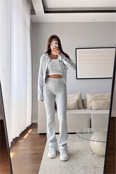 CROP ATLETLİ İSPANYOL PAÇA PANTOLON 3LÜ TAKIM-GRİ
