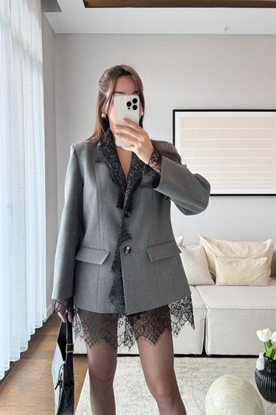 DANTEL DETAYLI BLAZER CEKET-GRİ