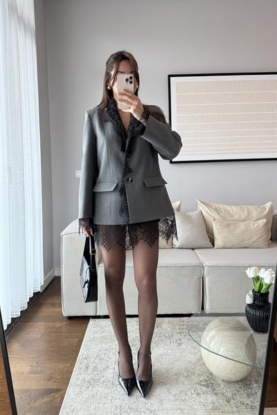 DANTEL DETAYLI BLAZER CEKET-GRİ