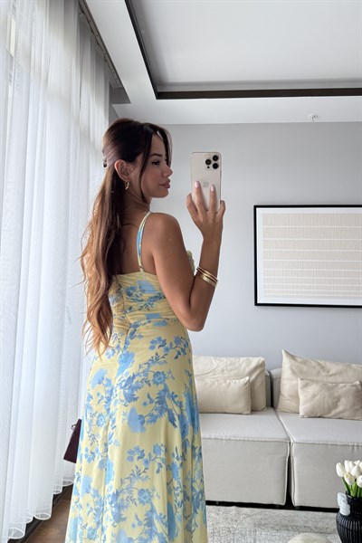 DESENLİ ŞİFON ELBİSE-SARI