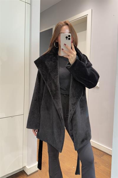 DİK YAKA BELİ KUŞAKLI KAŞE CEKET