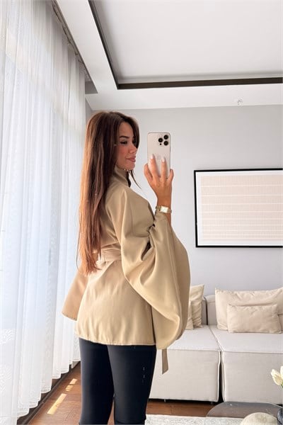 DİK YAKA KUŞAKLI PANÇO TRENÇKOT