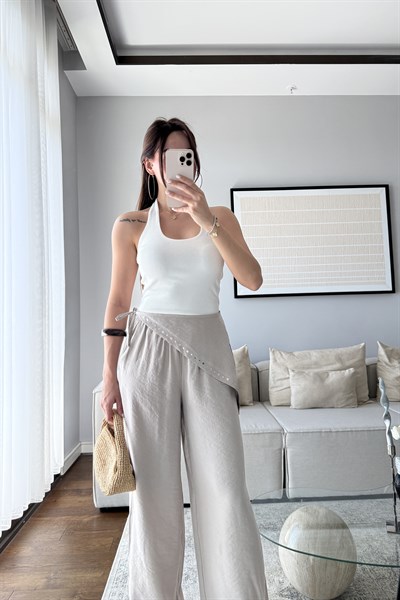 DÖKÜMLÜ EŞARP PANTOLON-BEJ