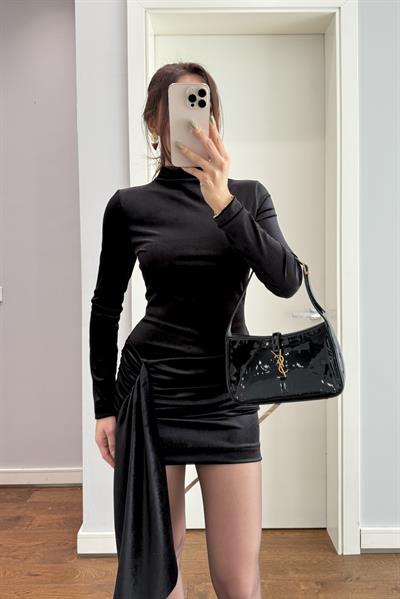 DRAPE DETAYLI KADİFE MİNİ ELBİSE