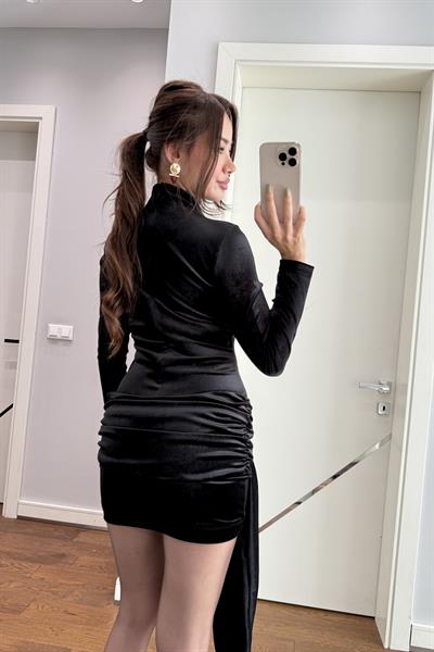 DRAPE DETAYLI KADİFE MİNİ ELBİSE