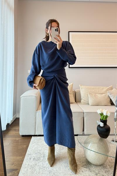 DRAPELİ TENSEL ETEK BLUZ TAKIM-İNDİGO