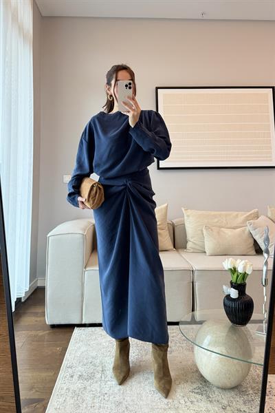 DRAPELİ TENSEL ETEK BLUZ TAKIM-İNDİGO