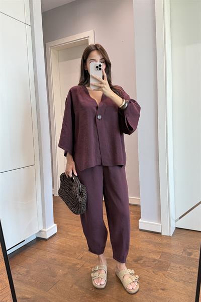 DÜĞME DETAYLI BLUZ PANTOLON TAKIM-BORDO