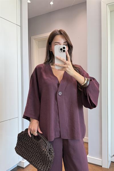 DÜĞME DETAYLI BLUZ PANTOLON TAKIM-BORDO