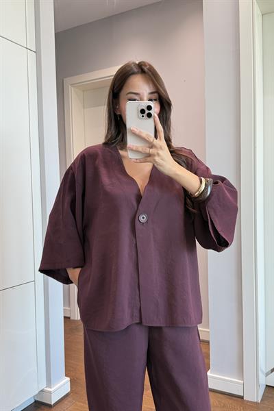 DÜĞME DETAYLI BLUZ PANTOLON TAKIM-BORDO