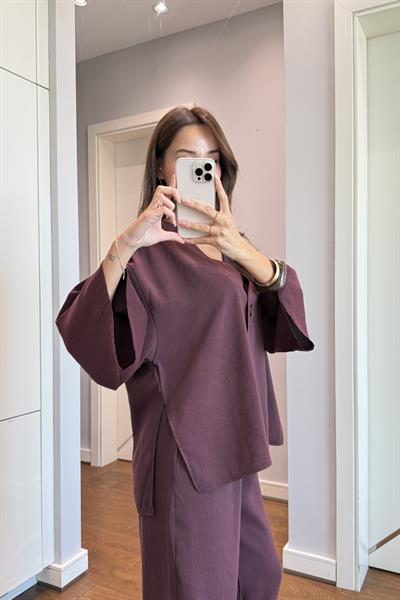 DÜĞME DETAYLI BLUZ PANTOLON TAKIM-BORDO