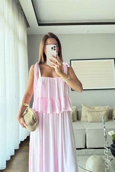 FIRFIR DETAYLI ASKILI BOHEM ELBİSE-PEMBE