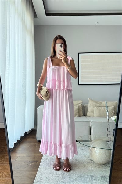 FIRFIR DETAYLI ASKILI BOHEM ELBİSE-PEMBE