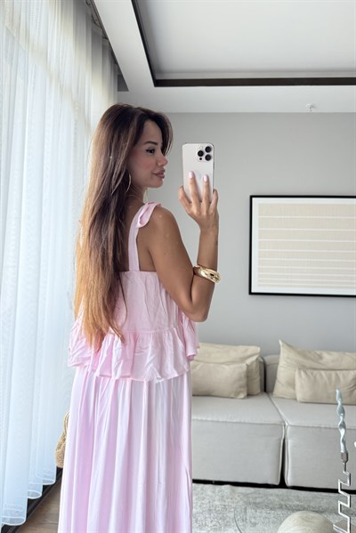 FIRFIR DETAYLI ASKILI BOHEM ELBİSE-PEMBE