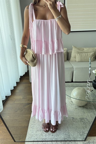 FIRFIR DETAYLI ASKILI BOHEM ELBİSE-PEMBE