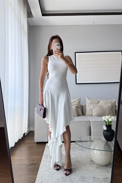 FIRFIR DETAYLI ELBİSE-BEYAZ
