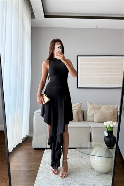 FIRFIR DETAYLI ELBİSE-SİYAH