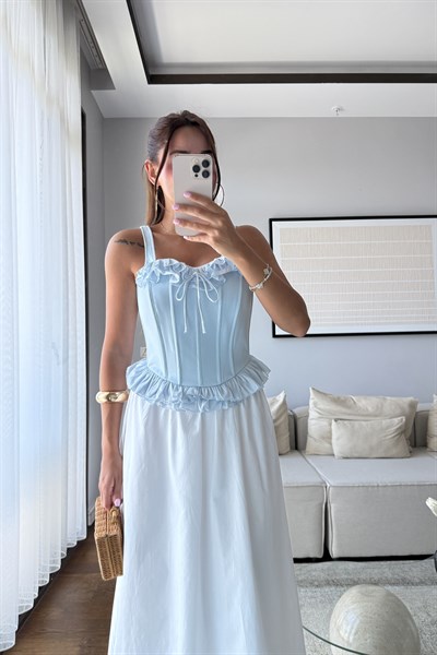 FIRFIRLI ASKILI BÜSTİYER BLUZ-MAVİ