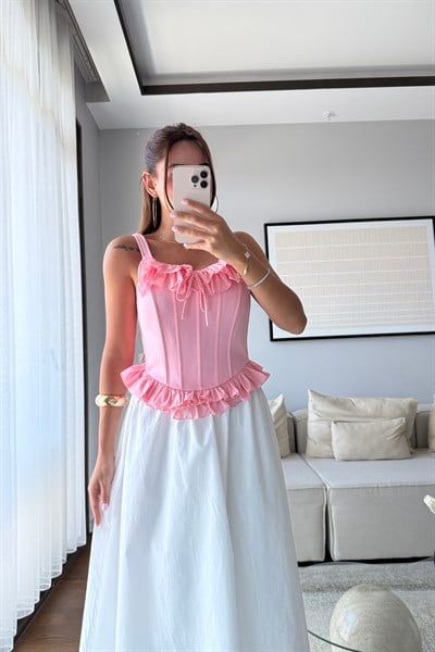 FIRFIRLI ASKILI BÜSTİYER BLUZ-PEMBE