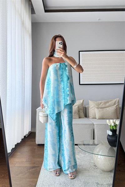 FULARLI STRAPLEZ SATEN TAKIM-MAVİ