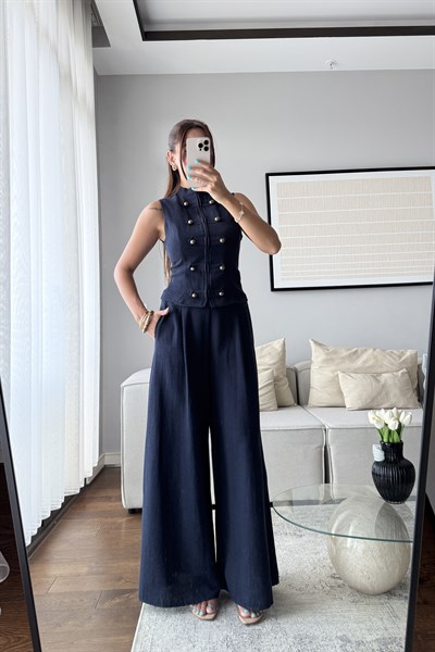 GOLD DÜĞMELİ YELEK PANTOLON TAKIM-LACİVERT