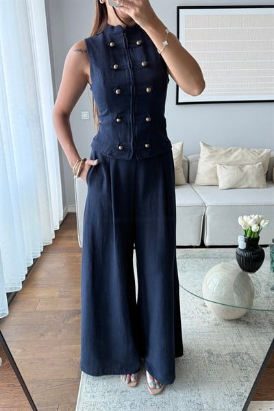 GOLD DÜĞMELİ YELEK PANTOLON TAKIM-LACİVERT