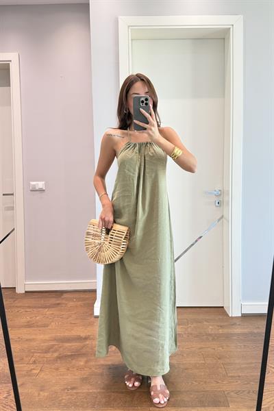 HALTER YAKA ARKA DEKOLTELİ TENSEL ELBİSE-YEŞİL