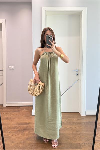 HALTER YAKA ARKA DEKOLTELİ TENSEL ELBİSE-YEŞİL