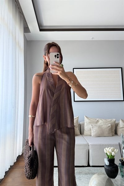 HALTER YAKA ÇİZGİLİ  KETEN YELEK
