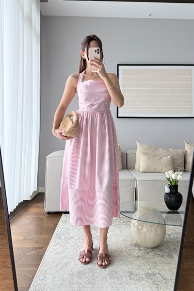 HALTER YAKA ÇİZGİLİ POPLİN ELBİSE-PEMBE