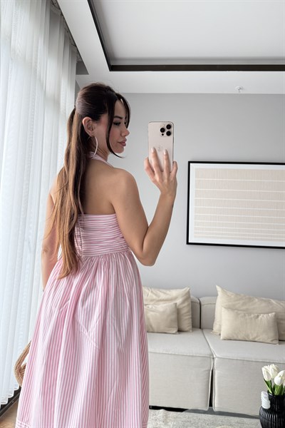 HALTER YAKA ÇİZGİLİ POPLİN ELBİSE-PEMBE