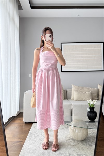 HALTER YAKA ÇİZGİLİ POPLİN ELBİSE-PEMBE