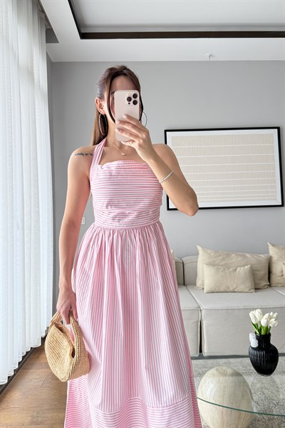HALTER YAKA ÇİZGİLİ POPLİN ELBİSE-PEMBE