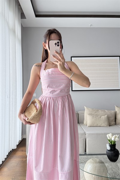 HALTER YAKA ÇİZGİLİ POPLİN ELBİSE-PEMBE