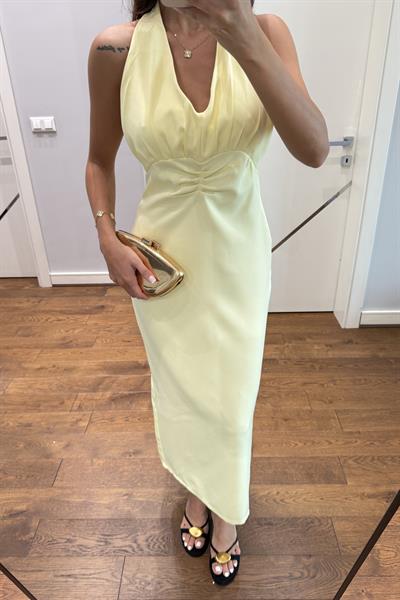 HALTER YAKA DEKOLTELİ ELBİSE-SARI