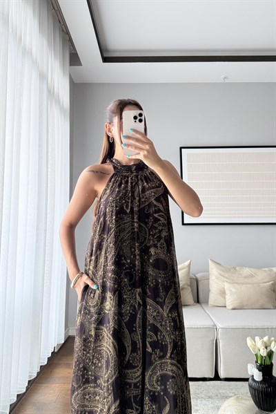 HALTER YAKA DESENLİ TÜL ELBİSE