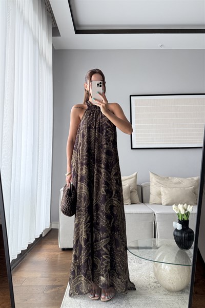 HALTER YAKA DESENLİ TÜL ELBİSE