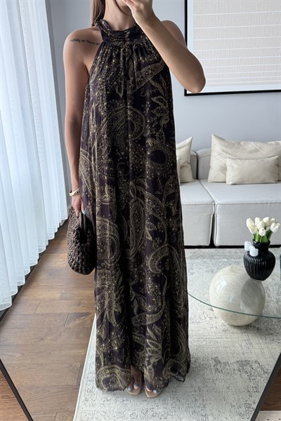 HALTER YAKA DESENLİ TÜL ELBİSE