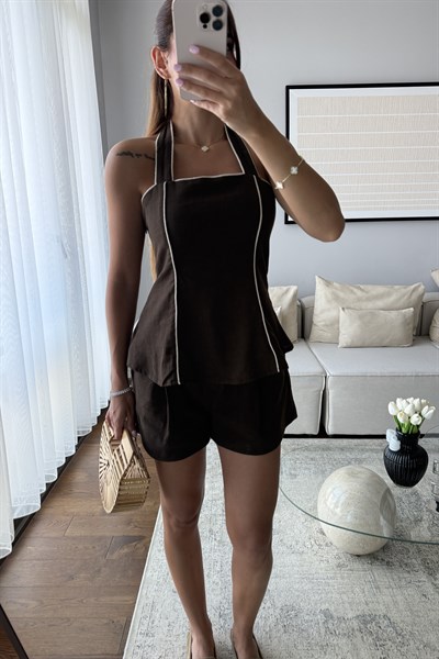 HALTER YAKA KETEN TAKIM-ACI KAHVE