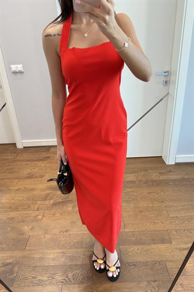 HALTER YAKA TOPARLAYICI ELBİSE-KIRMIZI