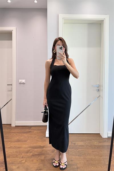 HALTER YAKA TOPARLAYICI ELBİSE-SİYAH